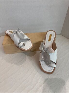 Louise et Cie White Slide Mules with Silver Leaf Accent